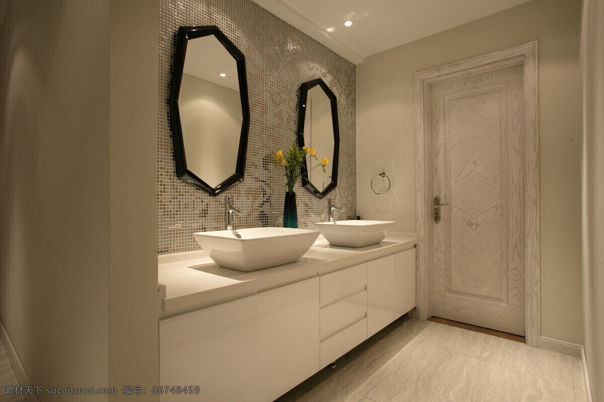 现代 时尚 浴室 木制 边框 镜子 室内装修 效果图 浴室装修 异形镜子 瓷砖地板 白色桌面