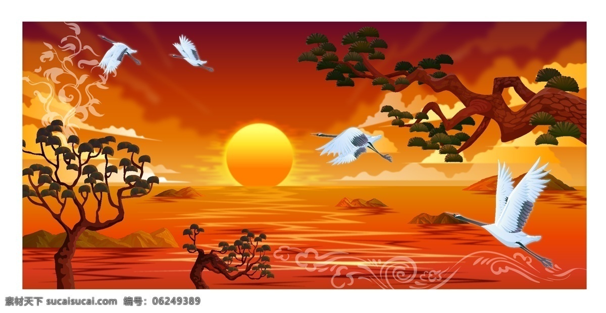 中国 风 夕阳 日出 风景 插画 儿童卡通插画 花草树木 金黄色 矢量图 仙鹤 迎客松 中国风 自然风景 自然景观 日出夕阳 矢量美景插画 其他矢量图