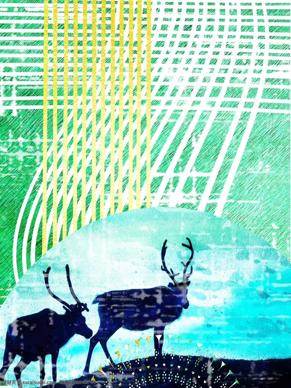 新 中式 吉祥 福 鹿 客厅 装饰画 穿插线条 绿色背景 简约现代 双鹿 曲线 一联画