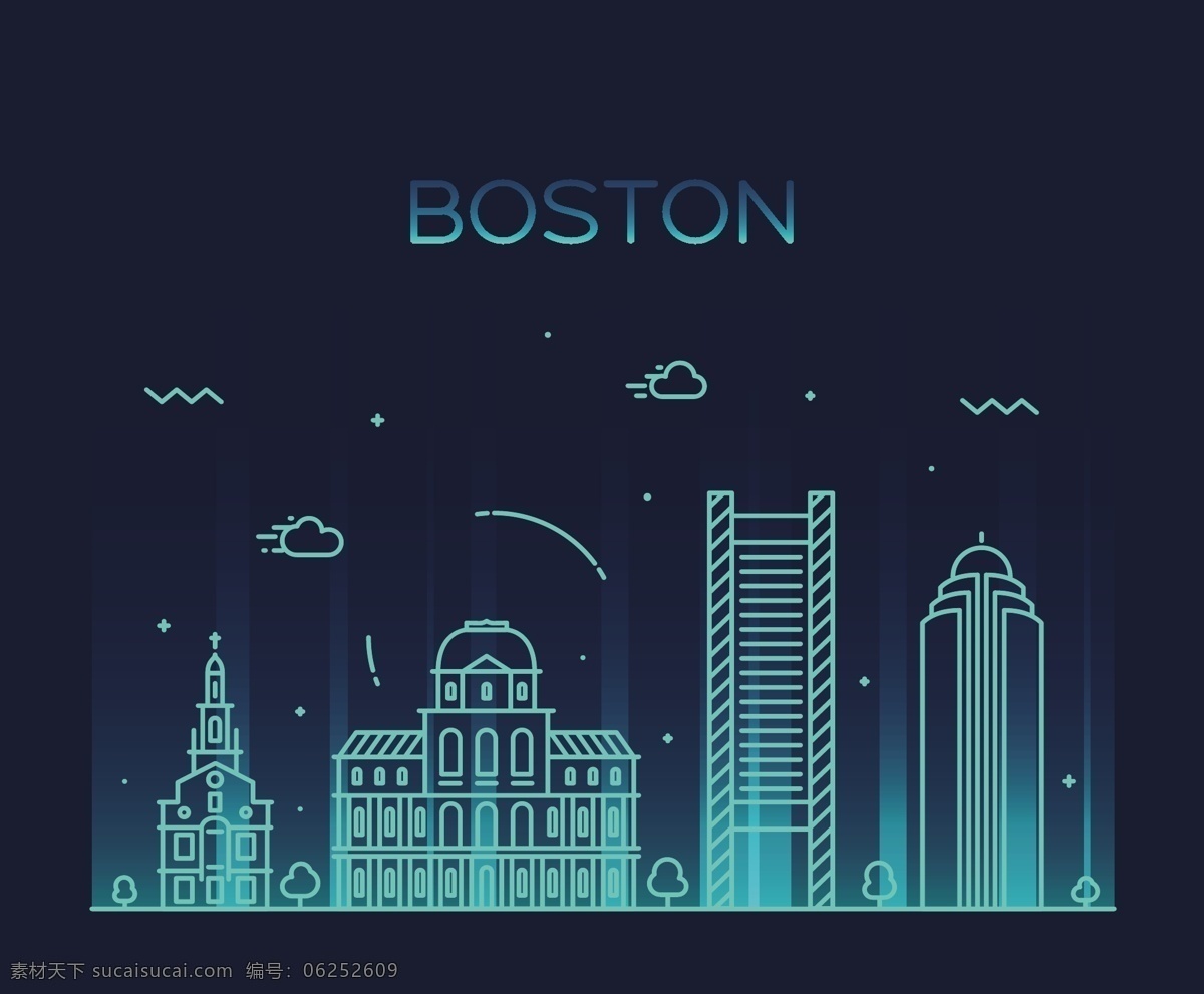 城市剪影 建筑轮廓 建筑群 波士顿 世界著名城市 金融大厦 手绘 楼房 房地产 大厦 摩天大楼 建筑插图 建筑设计 矢量 环境设计