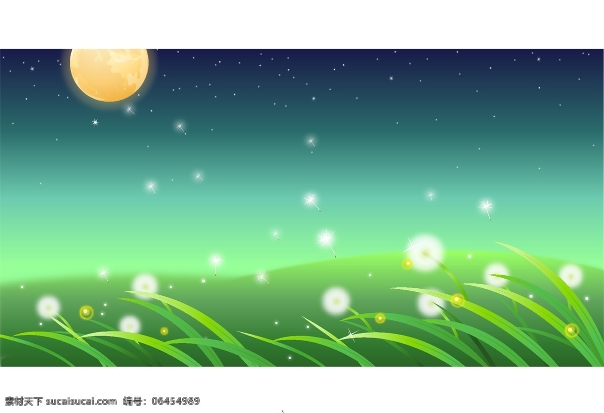 卡通 风景 背景 草地 动漫素材 蒲公英 矢量素材 星星 月亮