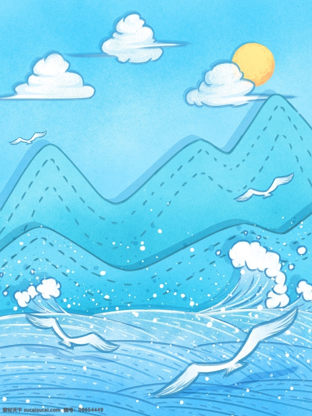 彩绘 冬季 雪山 大海 背景 蓝色 海洋 海滩 白云 蓝色背景 冬天 背景设计 彩绘背景 手绘背景 通用背景 特邀背景 促销背景 背景展板图 背景图