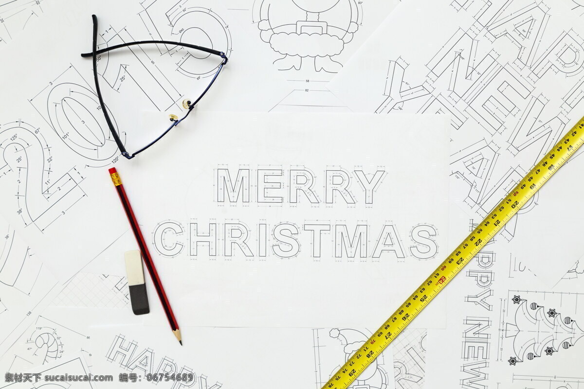 各种 圣诞节 字体 设计图 图纸 设计图纸 新年 节日 笔 工具 尺子 圣诞节图片 生活百科