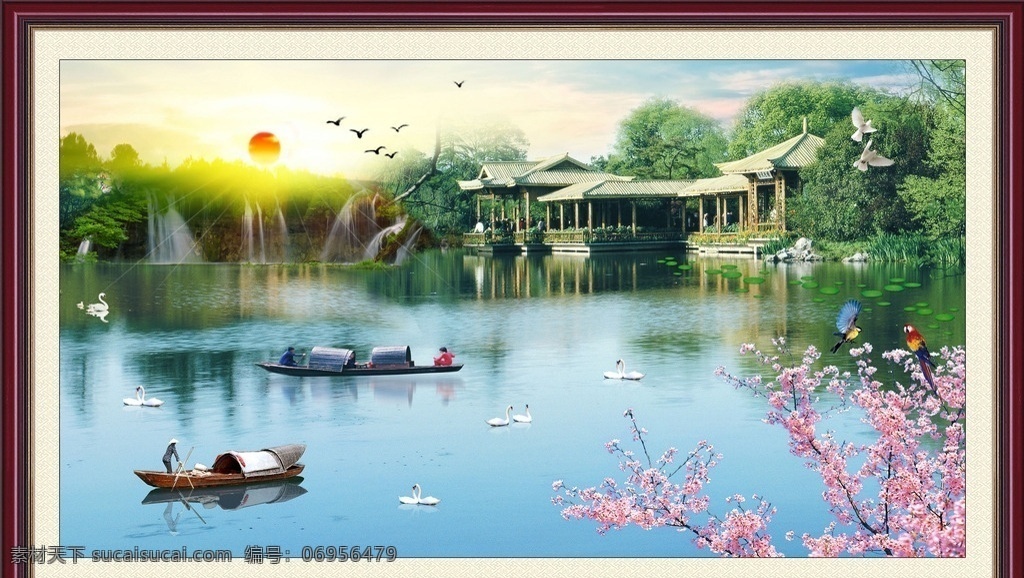 高山流水 流水生财 中国风 船只 江南 河水 瀑布 仙鹤 花朵 分层 自然景观 自然风光