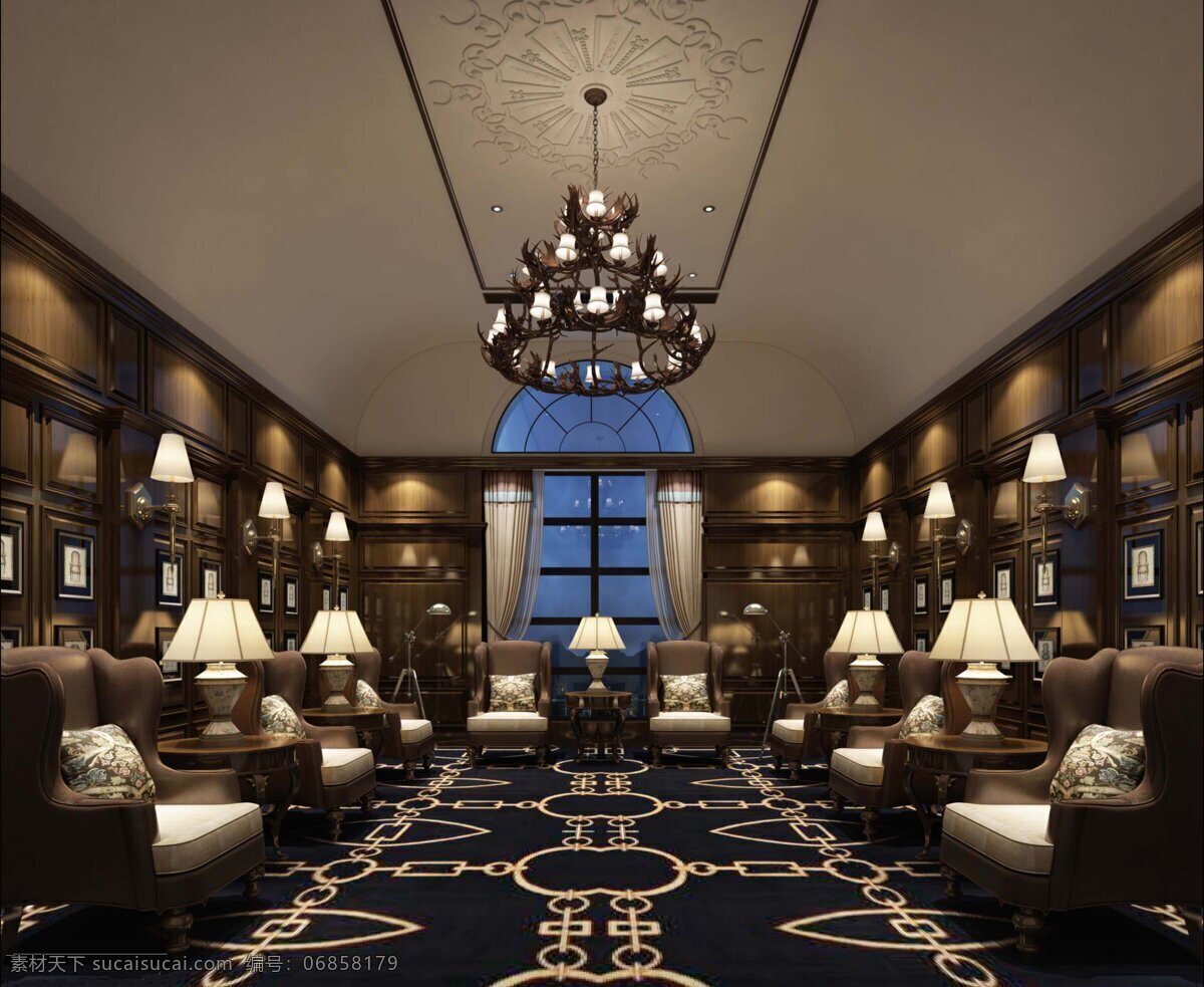 欧式 深色 调 酒店 餐厅 装修 效果图 深色调 复古吊灯 台灯 沙发