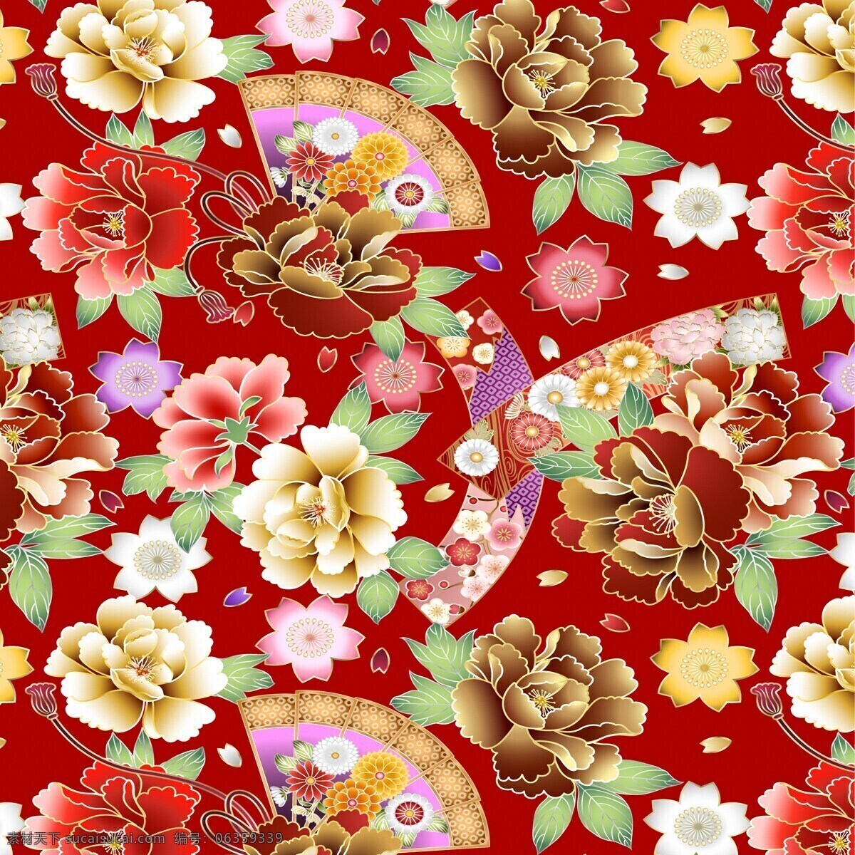 花朵 扇子 背景 日式 花的 牡丹 樱花 日本 织物 幸福 装饰 丝绸 无缝 纺织 几何 抽象 花 红色 底纹 黄色 渐变