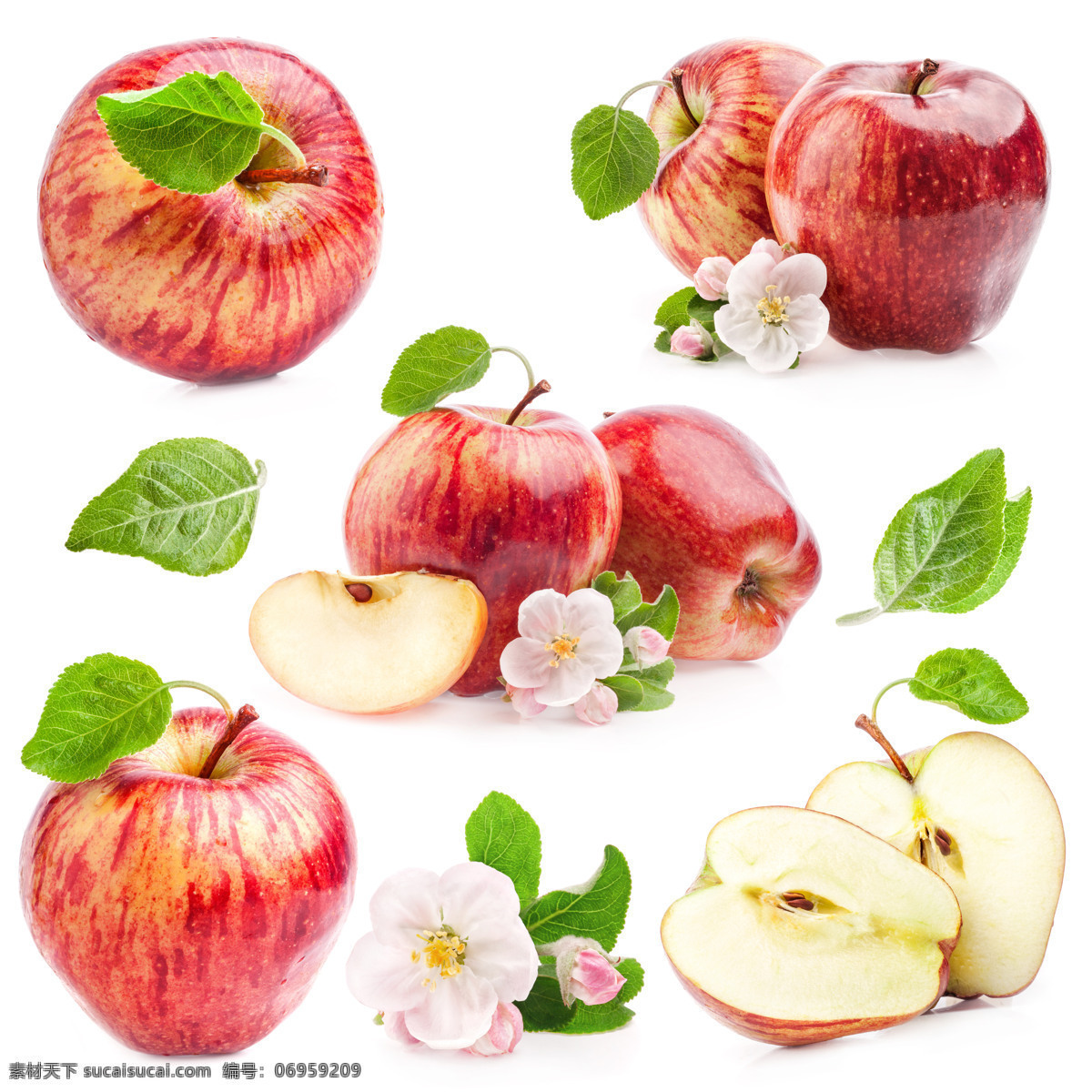 苹果 苹果花 红苹果 苹果切面 组合 新鲜苹果 新鲜水果 水果摄影 水果蔬菜 餐饮美食 白色