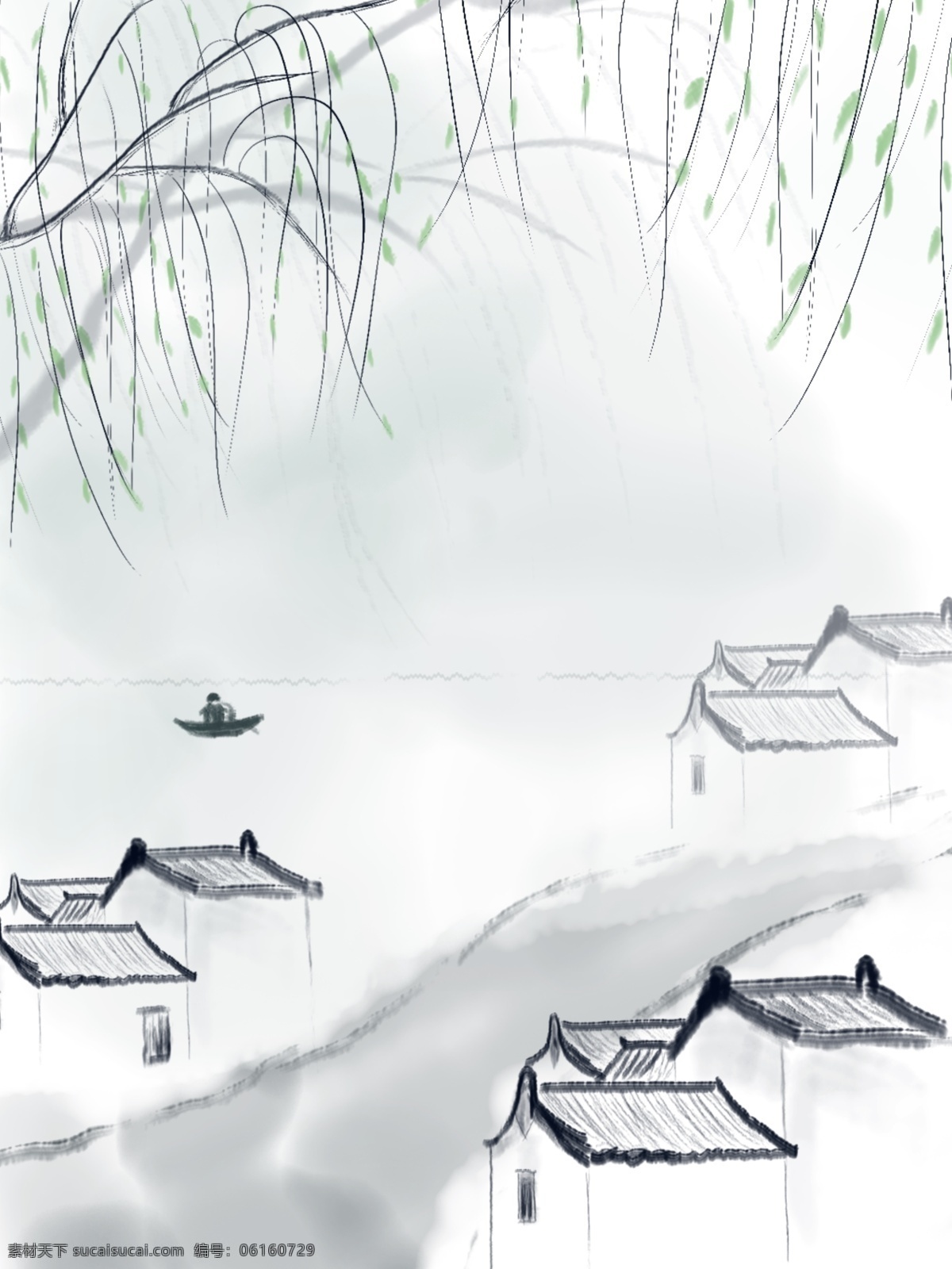 中国 风 水墨 古建筑 柳树 江边 小路 村庄 场景 背景 中国风 古式建筑 小船 休闲