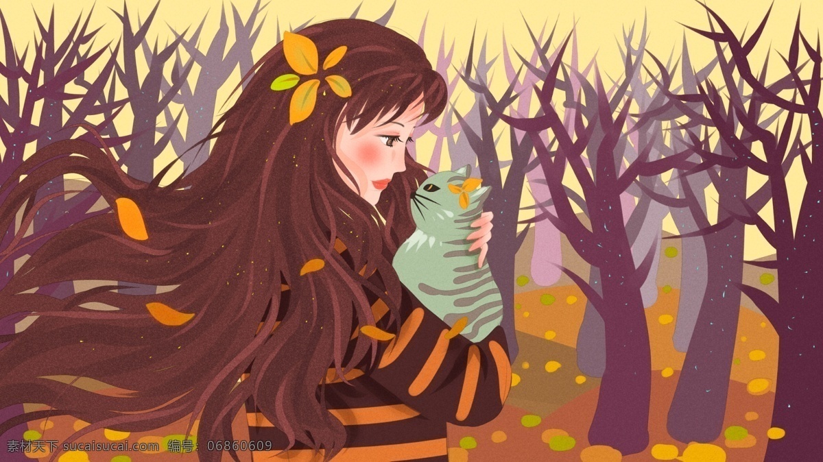 秋日 私语 森林 里 猫 低声 呢喃 少女 清新 插画 秋天 紫色 秋日私语 抱着 长发 黄色