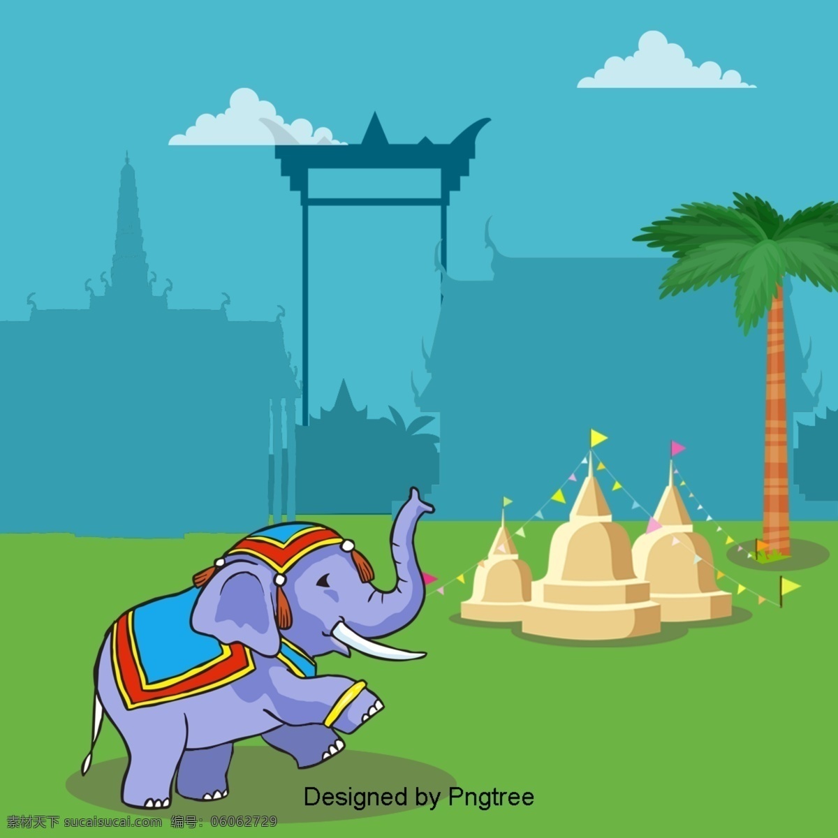 卡通 泰国 旅游景点 大象 动物 建筑 这个 宏伟 宫殿 椰子树 旅游度假