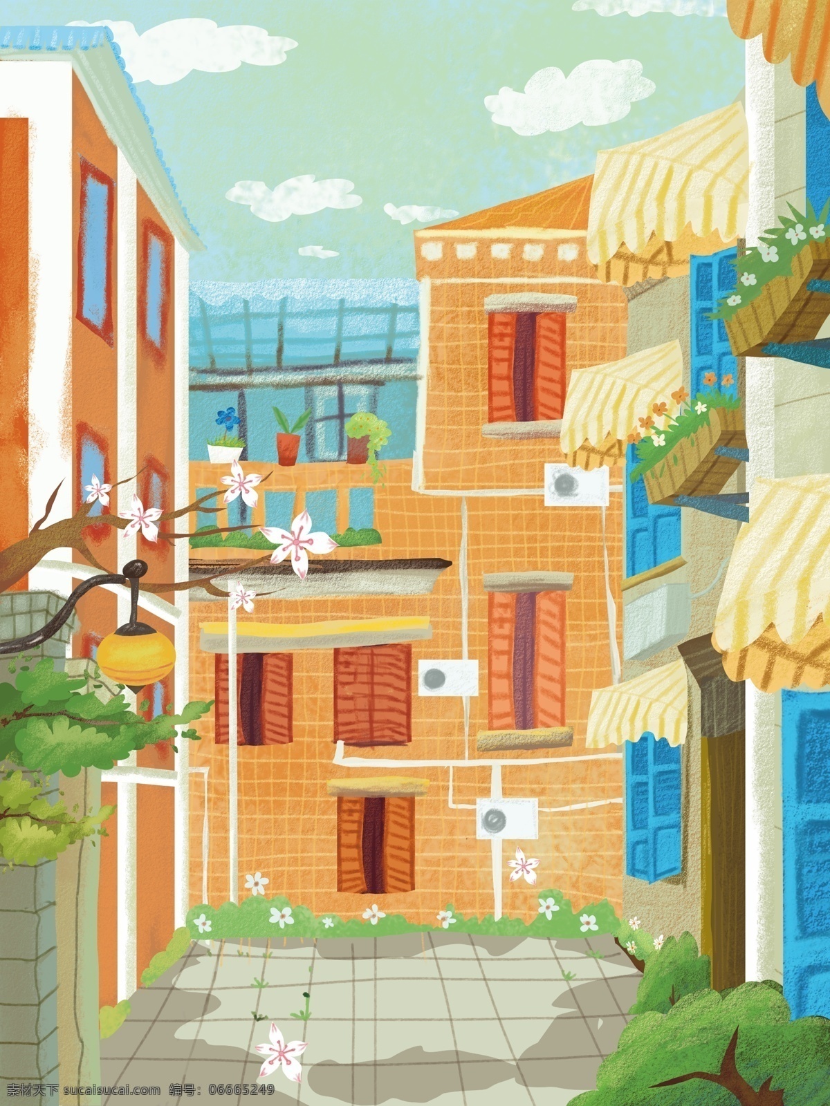夏季 城市 建筑 旅游 背景 度假村 旅游背景 城市建筑 别墅 美景 广告背景 手绘背景 背景展板 背景图