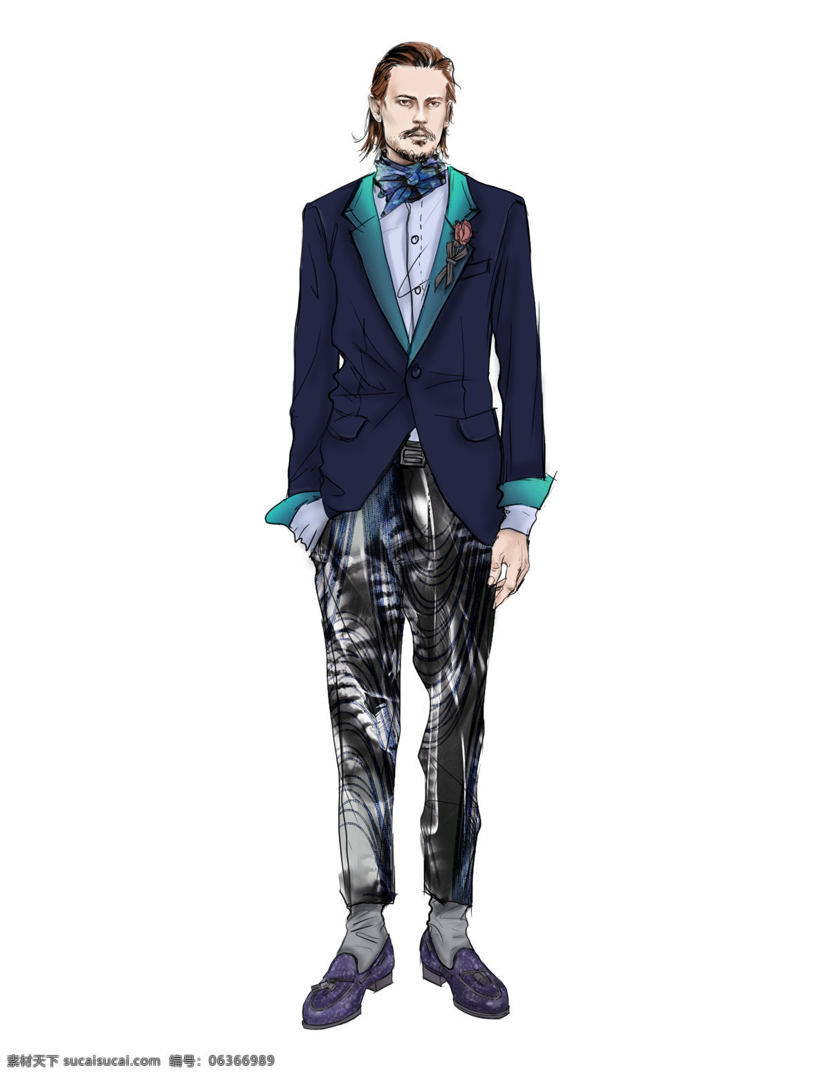 时尚 绅士 深蓝色 西装 男装 效果图 服装设计 花纹裤子 男装效果图 时尚男装