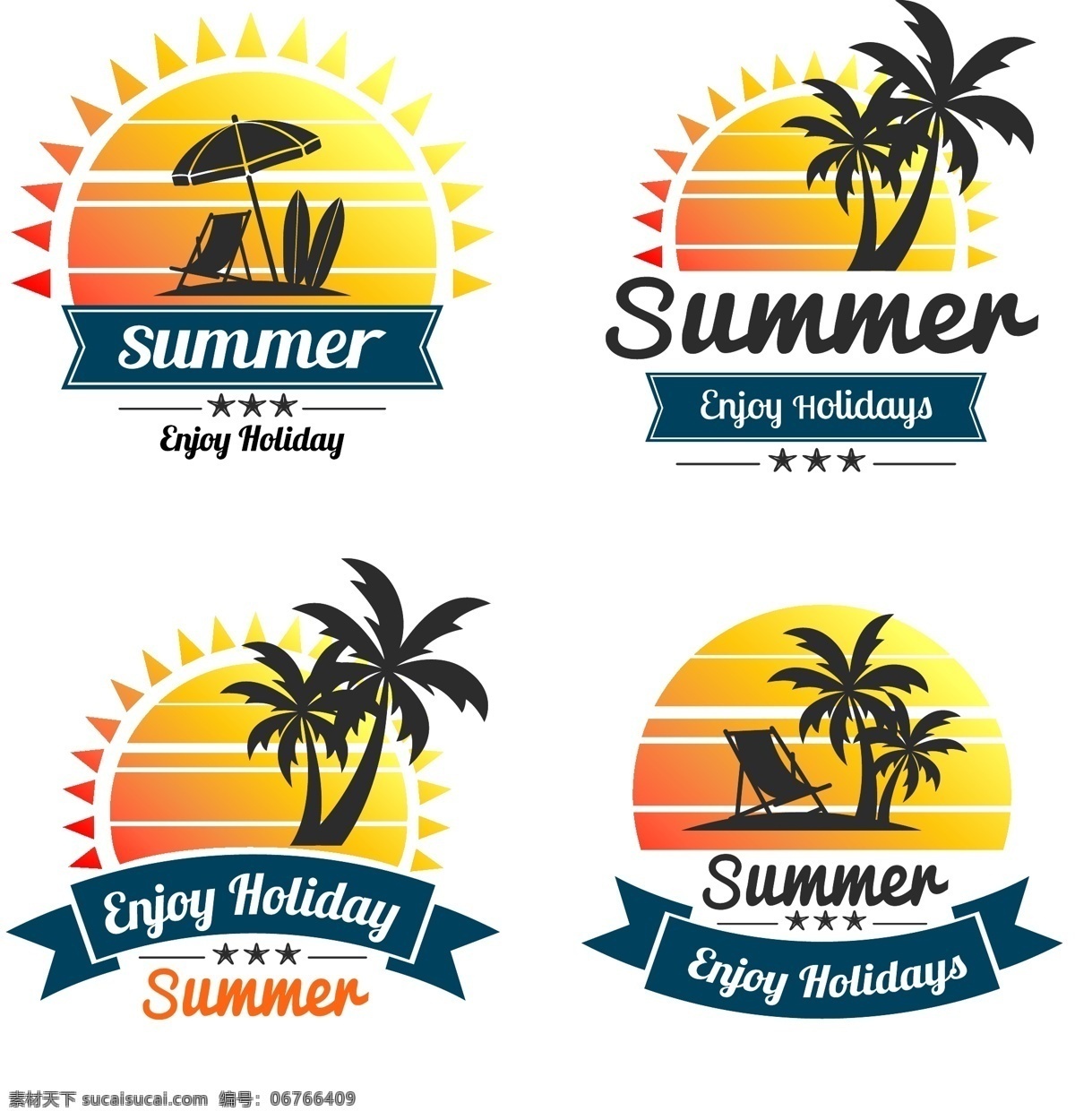 夏季 假期 太阳 标签 遮阳伞 沙滩躺椅 椰子树 岛屿 大海 矢量 高清图片