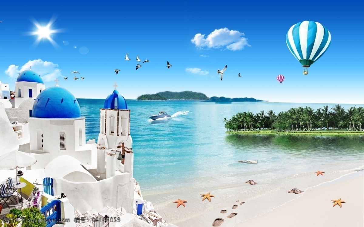圣托里尼岛 城堡 海洋 海滩 热气球 海鸥 壁画 分层