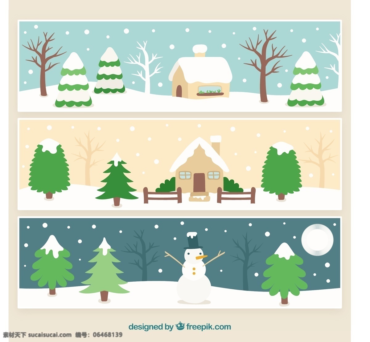 手绘冬天景观 房子 冬天 景观 雪花 雪人 自然 下雪
