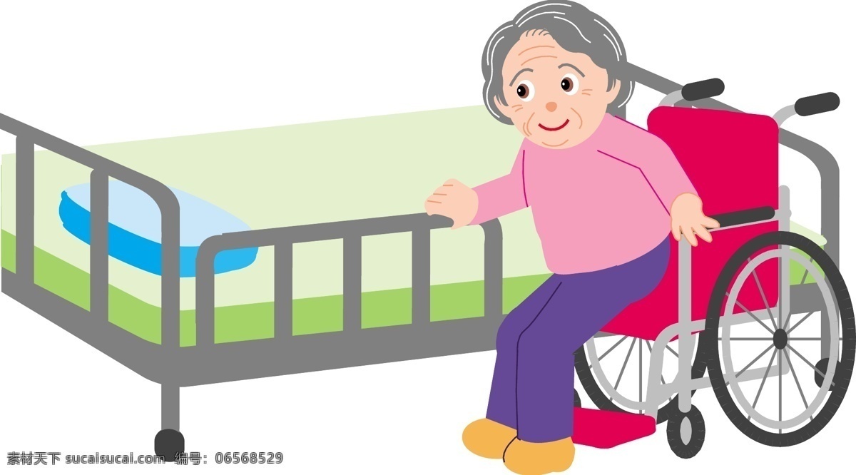 老奶奶 坐 轮椅 矢量 床 卡通 老年人 矢量图 矢量人物