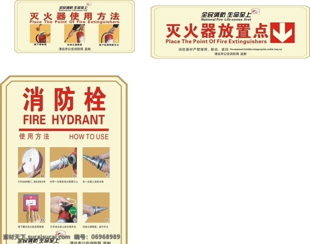 消防三提示 消防栓 消防使用 示意图 灭火器 使用方法 灭火器放置点 其他设计 矢量