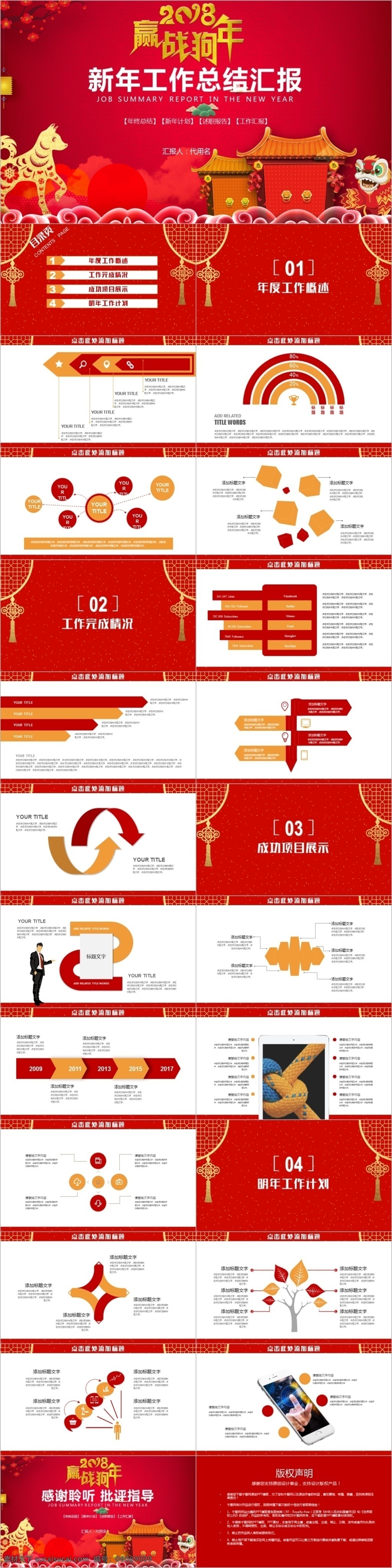 红色 中 国风 新年 工作总结 汇报 模板 ppt模板 颁奖典礼 办公 工作汇报 工作计划 狗年 季度总结 年会 年终总结 企业 商务