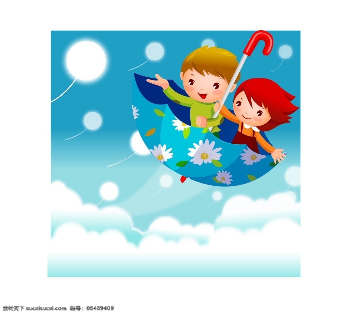 花 伞 小船 插画 飞船 天空 童话 花雨伞 矢量图 矢量人物