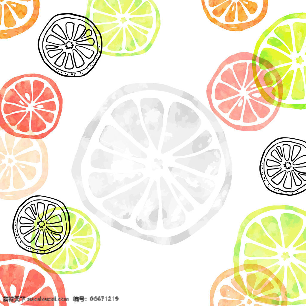 夏日 彩色 橙子 背景 海报 柠檬 剪影 白色