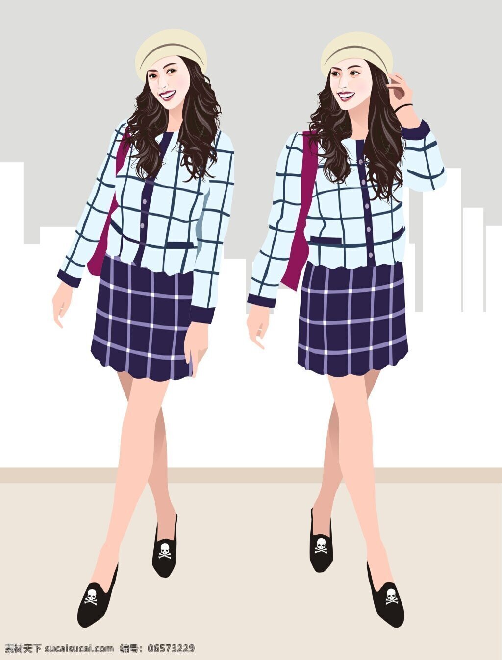 矢量美女 美女 矢量 帽子 格子 短裙 小香风 白色