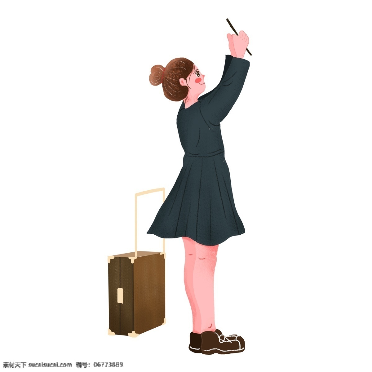 卡通 去 旅行 女孩 手绘 插画 少女 行李箱 拉杆箱 人物素材