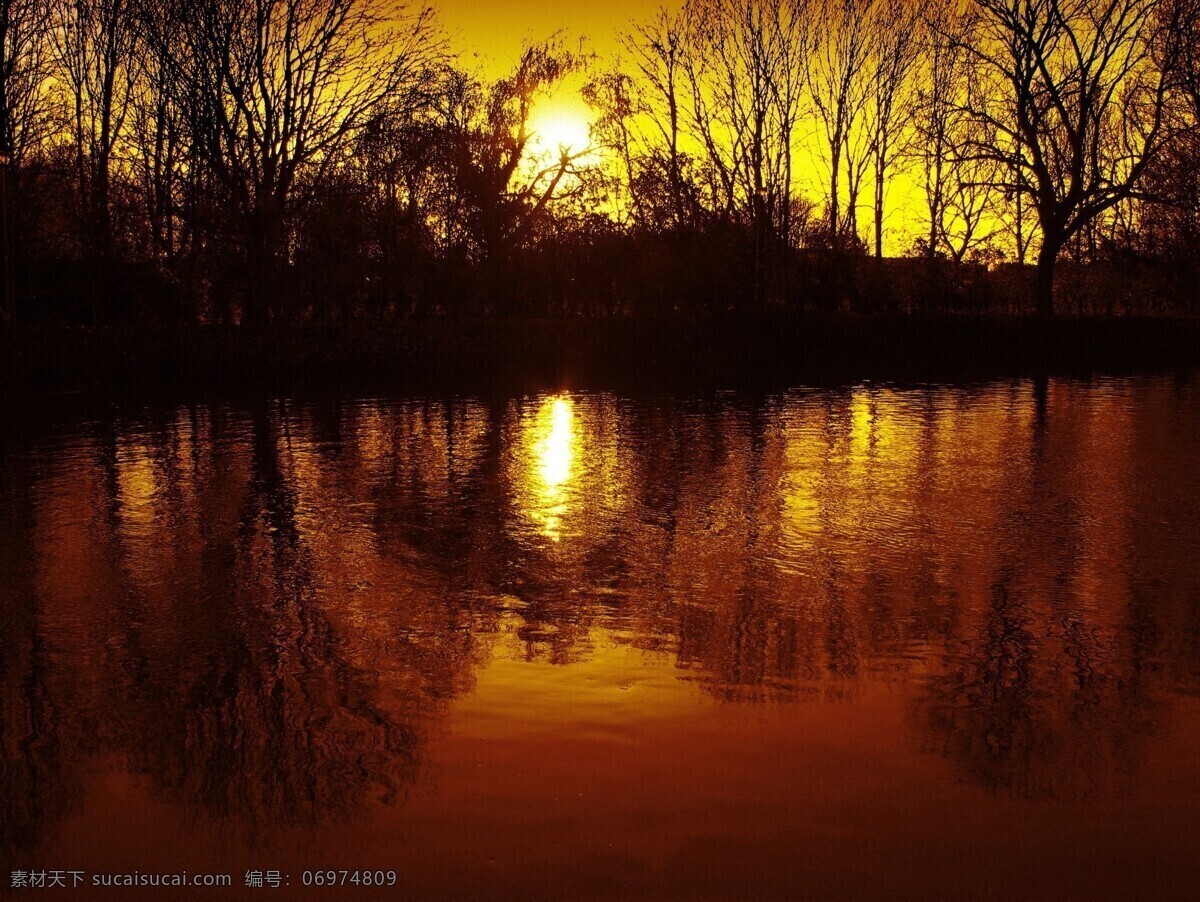 夕阳西下 高清 倒影 背景 素材图片 湖边 金黄色 精美 美丽 夕阳 西下 树木宁静 舒心 背景图片
