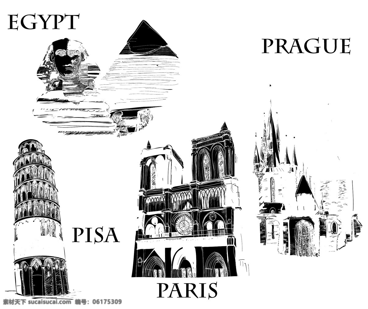 城市 保障性 建筑 矢量图 手绘 巴黎圣母院 地标 埃及金字塔 标志性 人面狮身像 建筑矢量素材