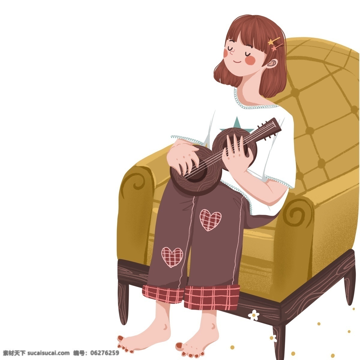 复古 肌理 坐在 沙发 上 弹 吉他 少女 复古肌理 手绘 卡通 女孩 弹吉他 插画 人物