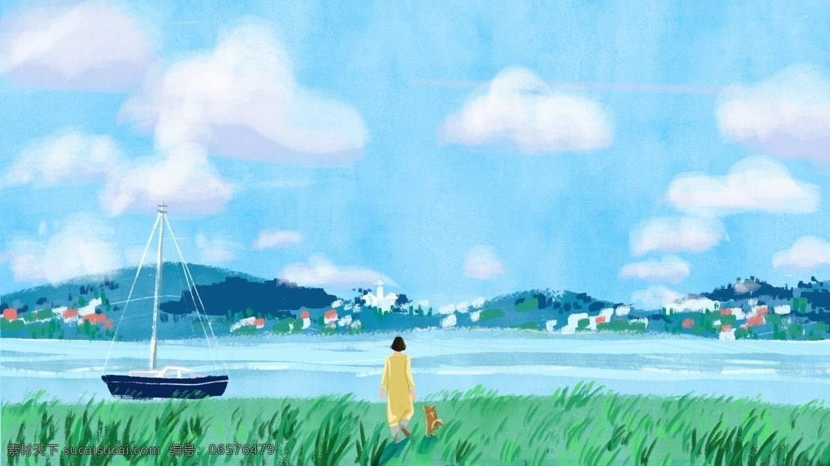 你好 早安 清晨 港湾 蓝天 白云 少女 手绘 插画 插图 朋友圈配图 手机壁纸 配图 微博配图 公众号配图 文章配图 原创