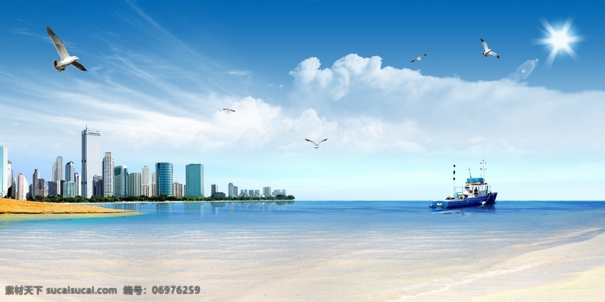 沙滩大海 沙滩 大海 银滩 外滩 边江 江边 蓝天 白云 阳光 太阳 海鸥 沙滩背景