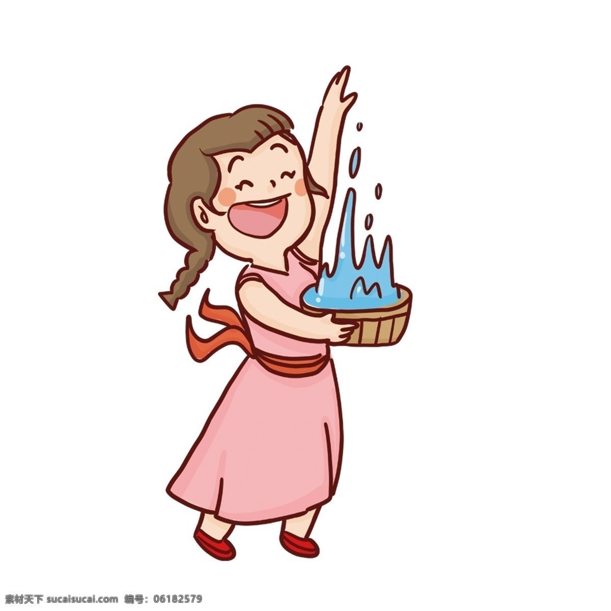 辫子 可爱 少女 装饰 元素 水滴 玩耍 水桶 装饰元素 民族风 过节 泼水节