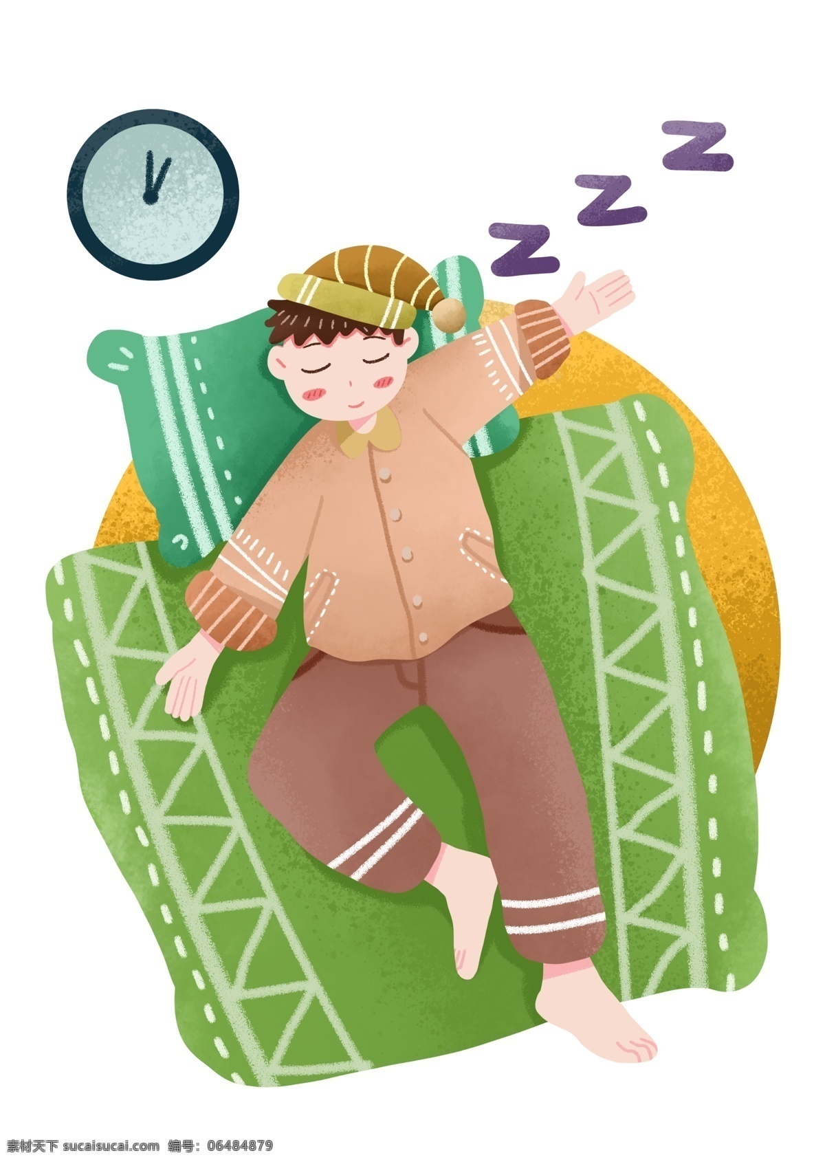 戴 睡帽 睡觉 小 男孩 插画 睡觉的小男孩 绿色枕头 卡通插画 睡眠 世界睡眠日 卡通人物插画
