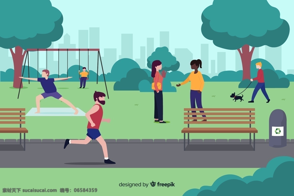 公园 运动 男女 树木 城市 建筑 草地 长椅 跑步 矢量 高清图片