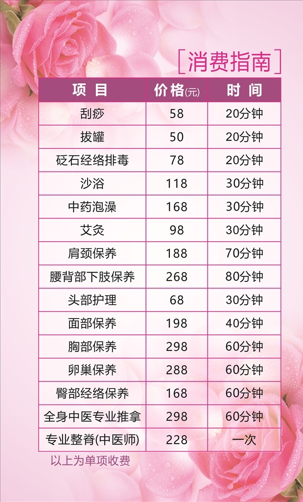 美容价目表 价格表 消费指南 玫瑰花背景 美容院价格表 美容院背景 美容院海报 价目表背景 设计及素材