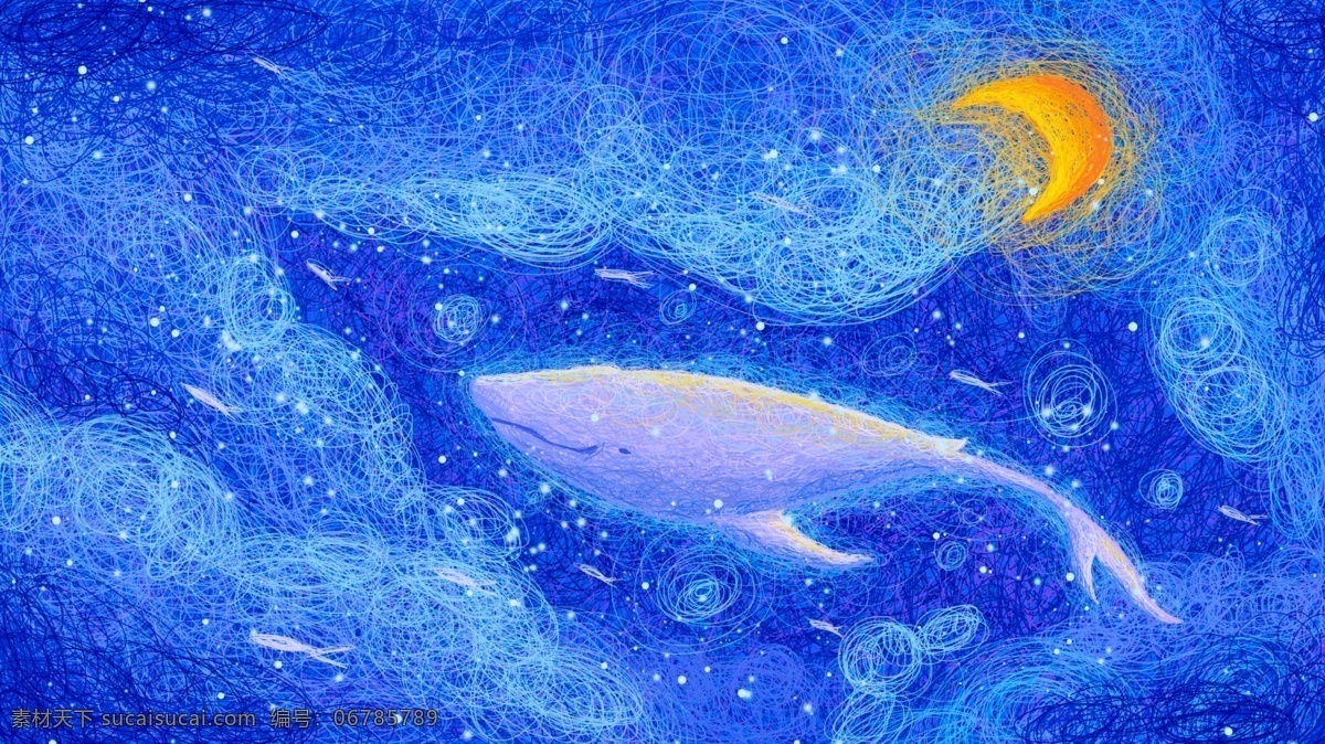 原创 线圈 唯美 插画 深蓝 大海 鲸 月亮 浪漫 蓝色 鲸鱼 海 海底 泡泡 晚安 你好