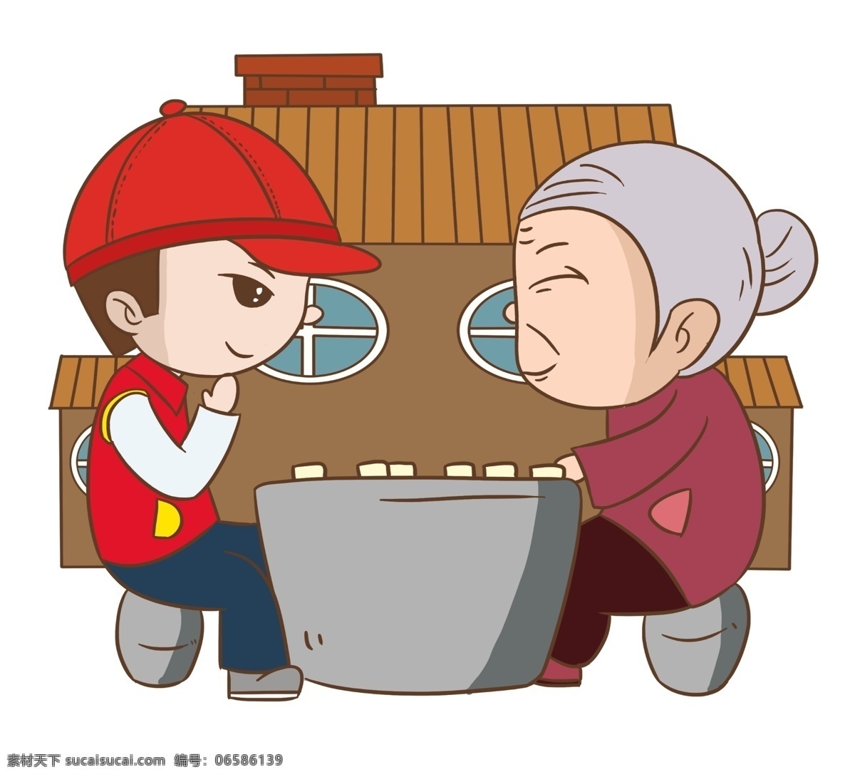 陪 奶奶 下棋 手绘 插画 陪奶奶下棋 黄色的棋子 红色的帽子 社区服务插画 慈祥的老奶奶 手绘卡通