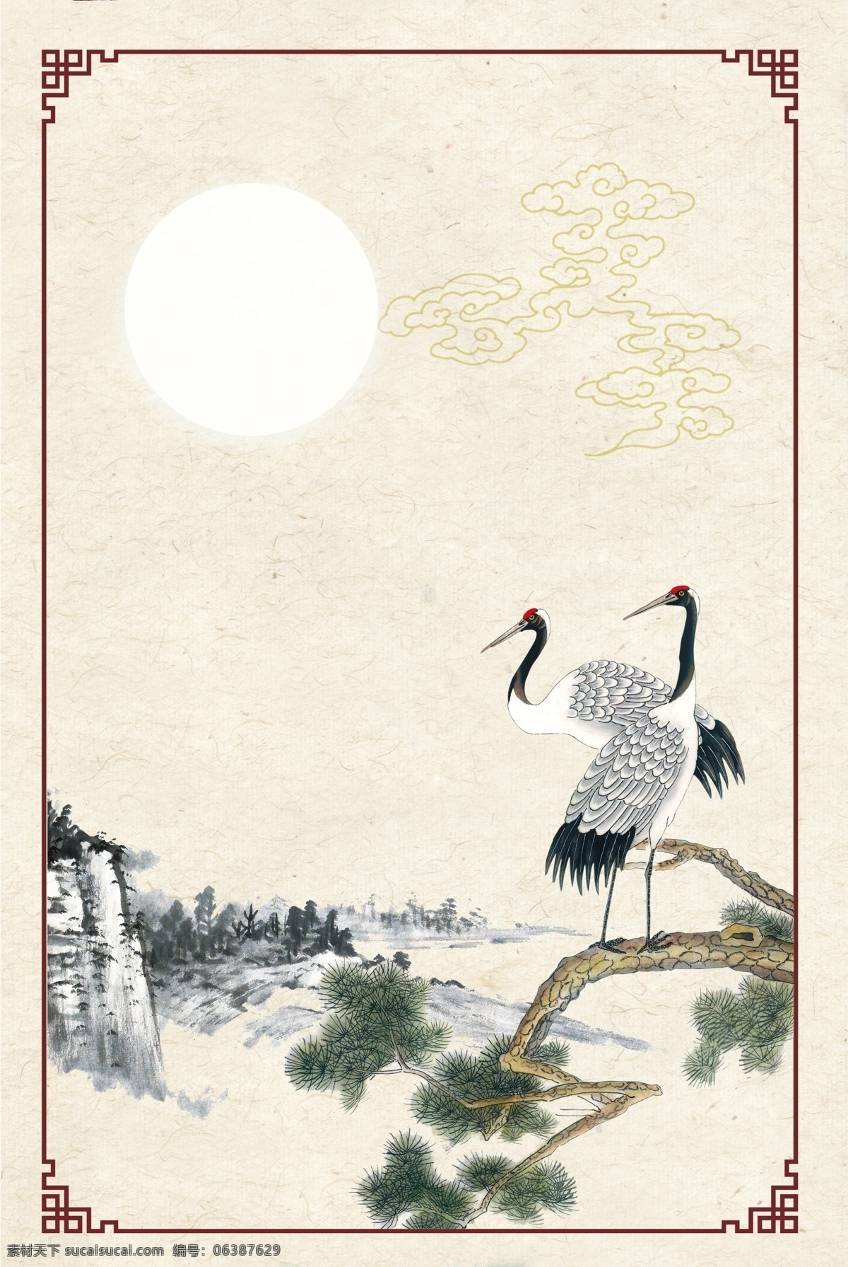 灰色 淡雅 仙鹤 背景 创意 纹理 山水 边框 装饰 艺术