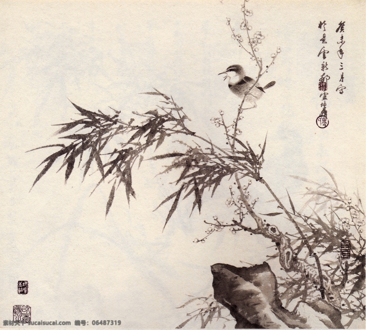 花鸟 绘画书法 梅花 水墨 文化艺术 中国画 竹子 山鸟 鸣 春 模板下载 山鸟鸣春