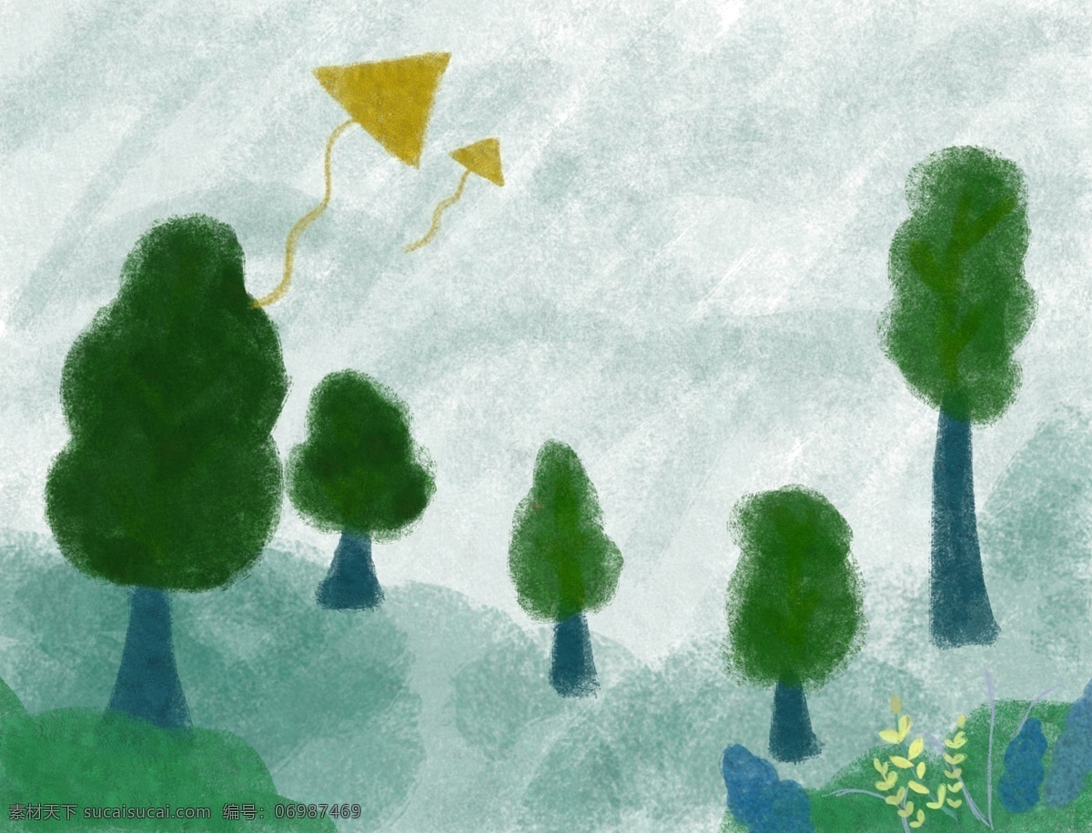 森林 小 清新 放风筝 插画 背景 海报背景 贺卡 树 风筝 插画背景
