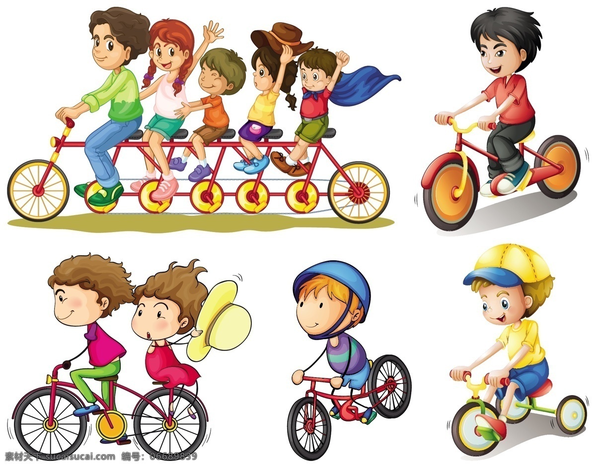 骑 多人 自行车 孩子 骑自行车 男孩 女孩 学生 卡通儿童 卡通孩子 卡通人物 人物插图 儿童幼儿 矢量人物 矢量素材 白色