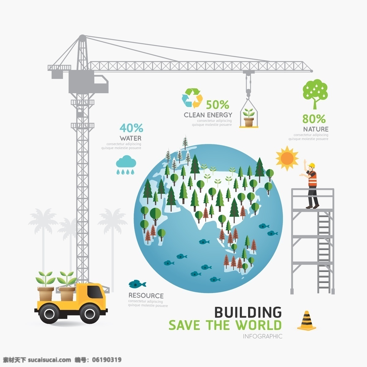 绿色环保 城市 建筑 插画 环保 绿色 清新 塔吊 植物 自然