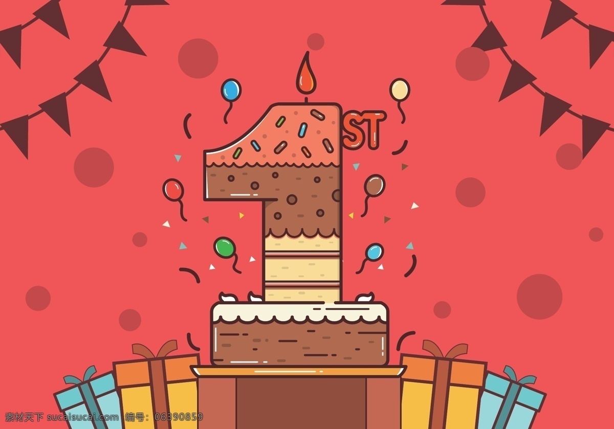 第一岁的生日 生日 蛋糕 庆祝 彩条 第一 白色
