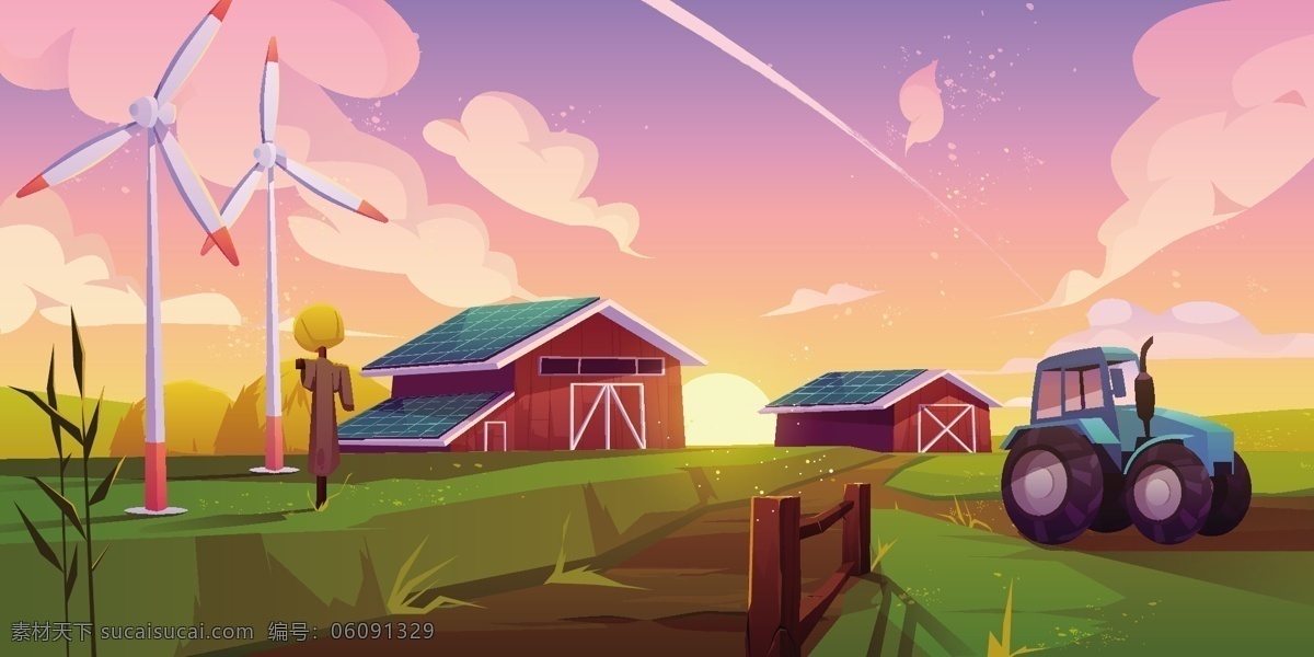 农场 晨光下的农场 耕种 风车发电 稻草人 拖拉机 太阳初升 冉冉升起 自然景观 人文景观