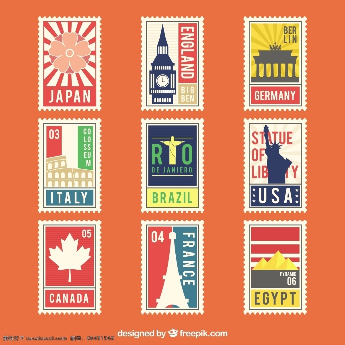 彩色 城市 邮票 图标 9个 城市邮票