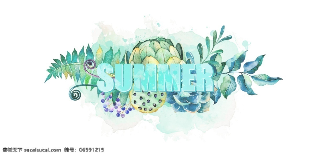 艺术 字 summer 夏天 水彩 蓝色 多肉 绿色 花纹