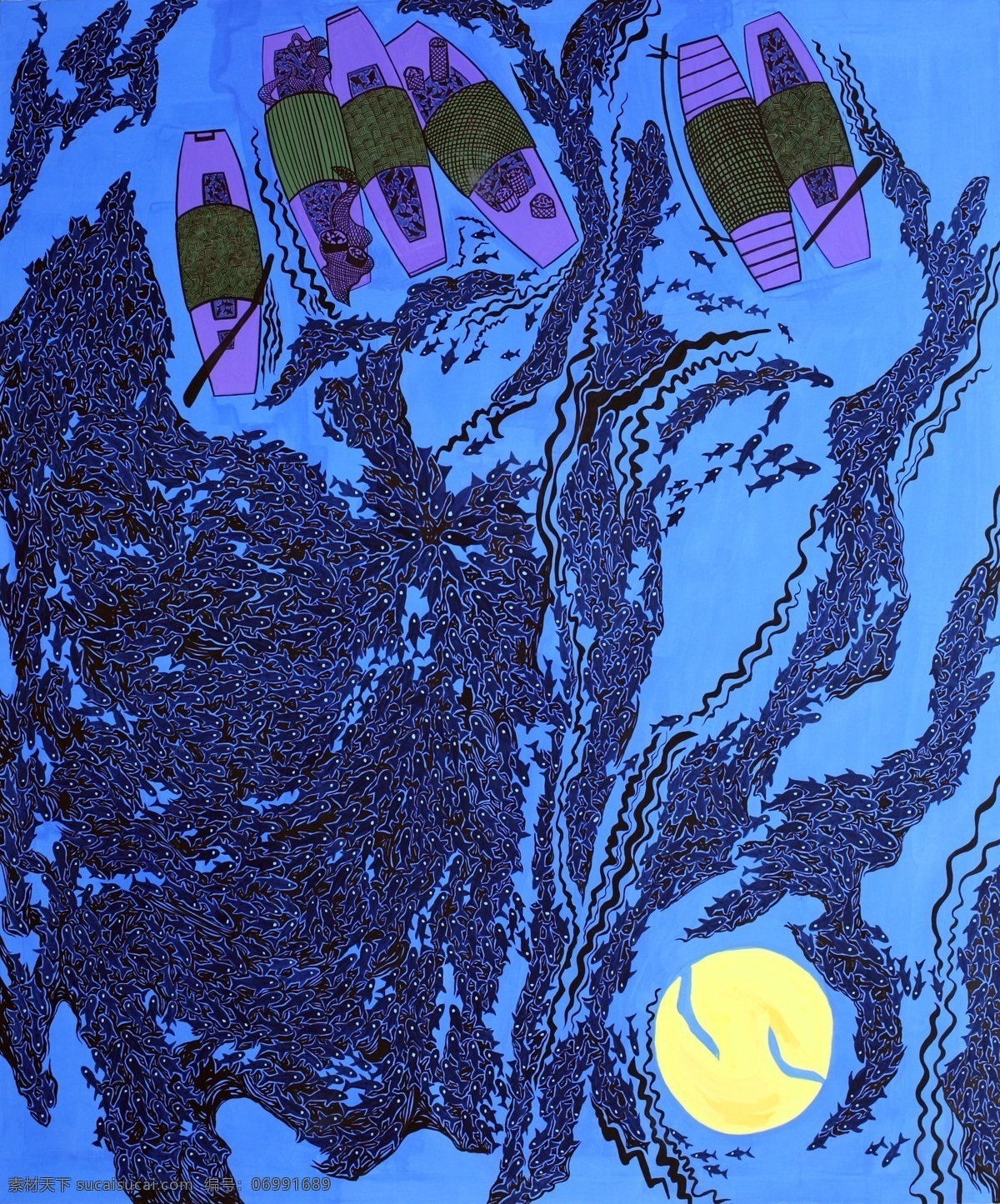 月夜 绘画书法 满月 文化艺术 夜 油画 鱼 渔船 网 农民画 高清绘画 家居装饰素材
