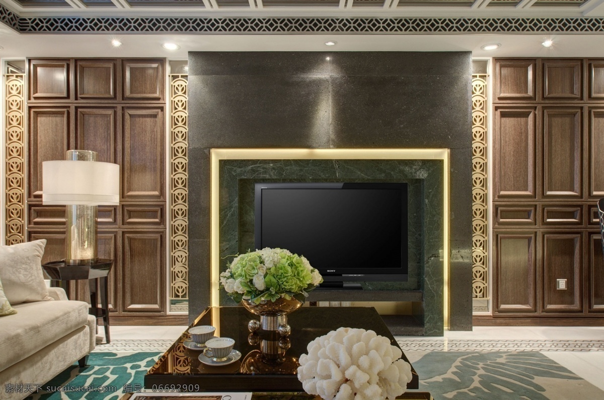 简约 客厅 灰色 电视 背景 墙 装修 效果图 白色射灯 方形吊顶 花色地毯 浅色地板砖 台灯