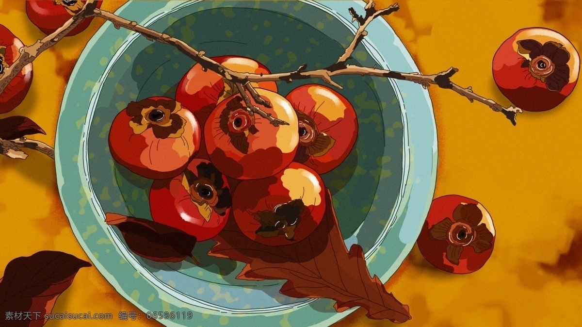 原创 美味 时令 水果 甜 柿子 美食 手绘 插画
