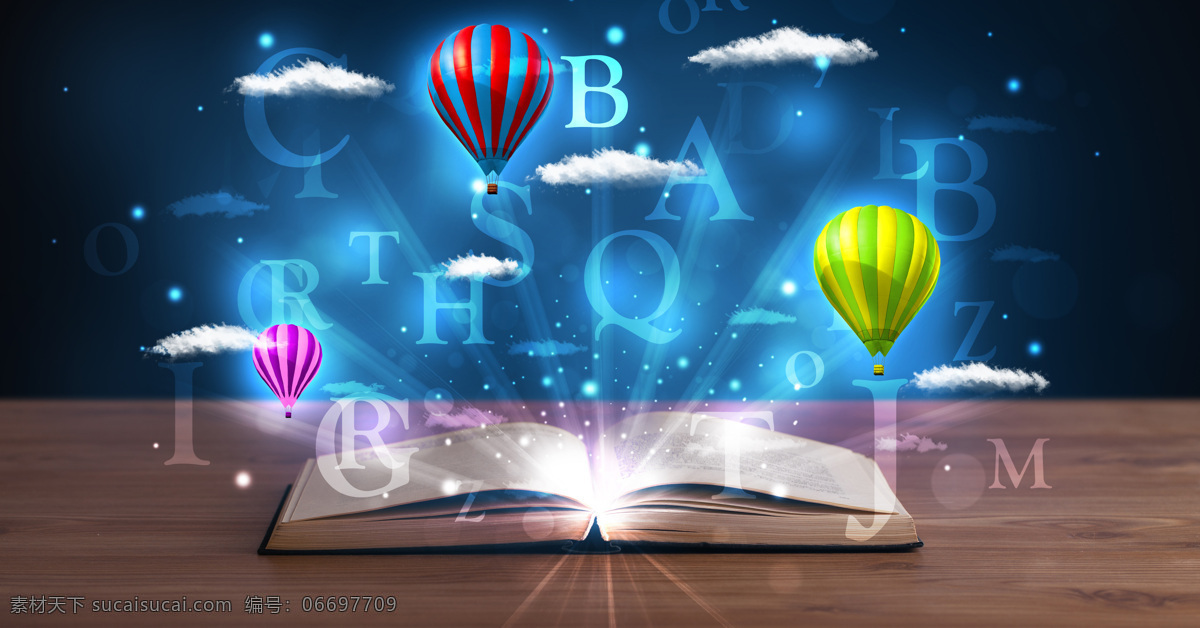 书本 光芒 字母 热气球 云朵 大写字母 英文字母 白云 光线 书本图片 生活百科